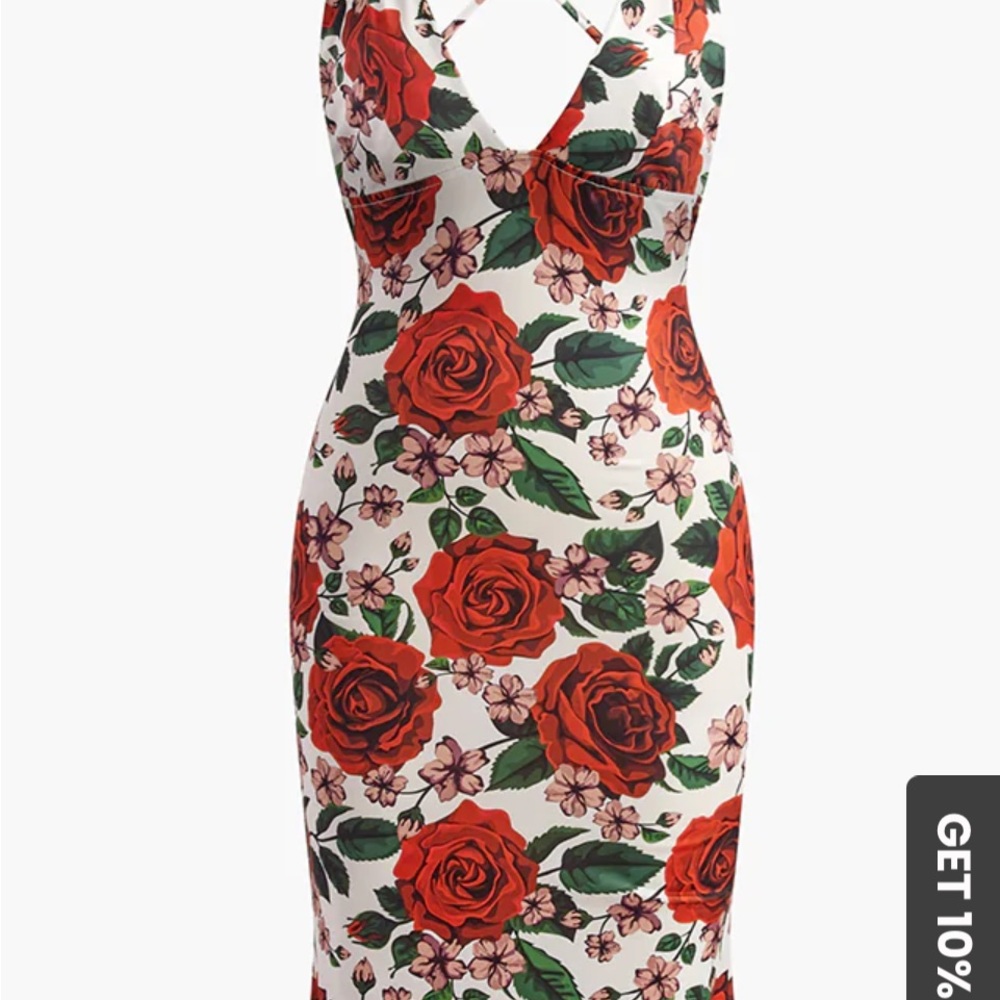 Commense Red and Green floral spaghetti Strapl Bodycon Dress - Picture 12 of 12